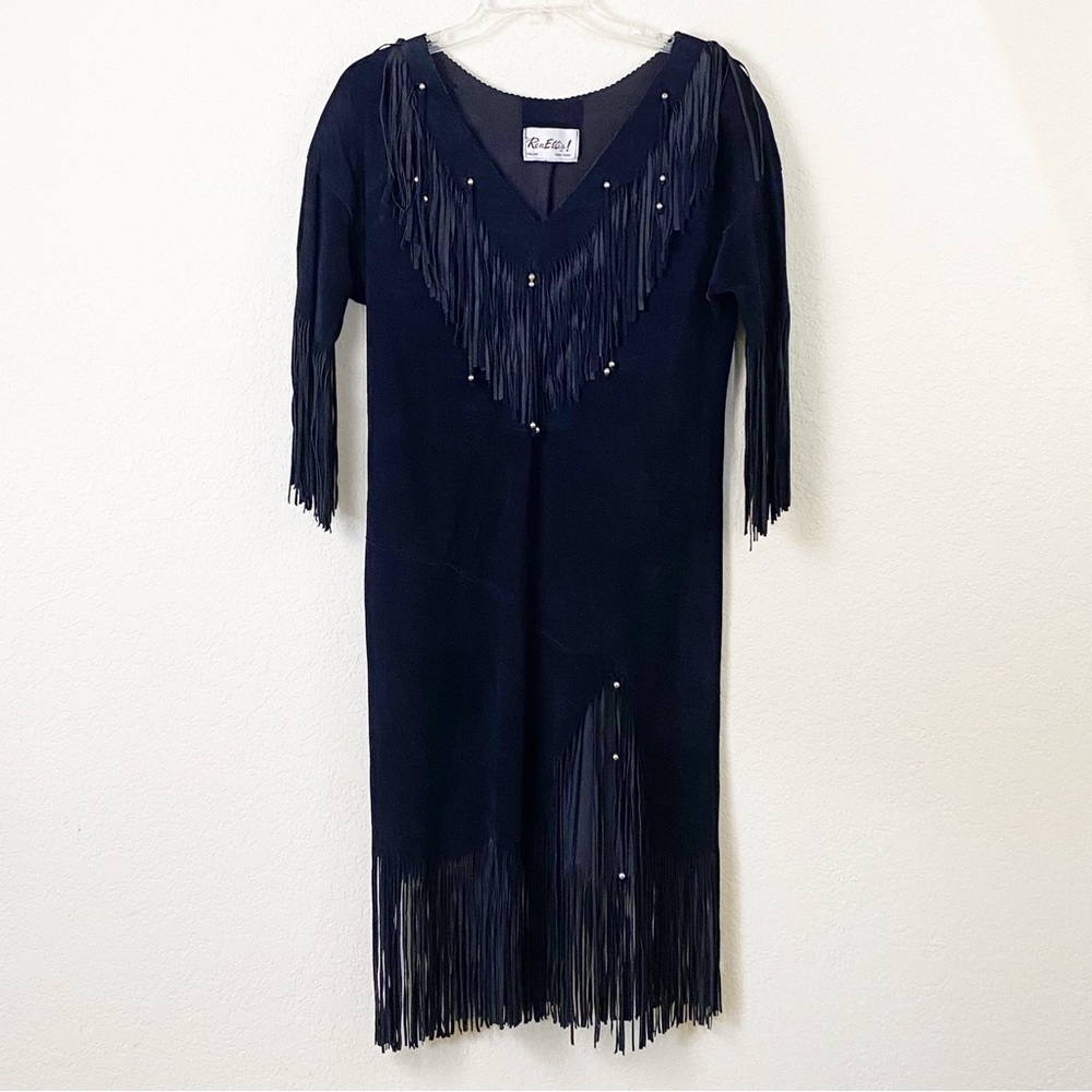 Vintage Ren Ellis Black Suede Fringe Dress